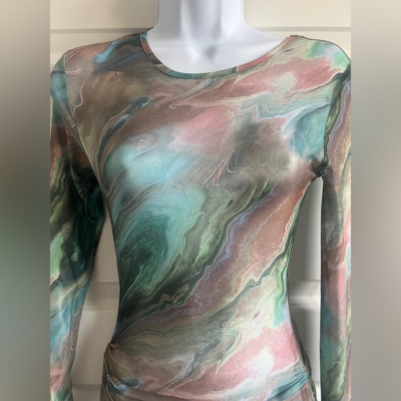 BEIGE BOTANY Marbled Long-Sleeve Ruched Sheer Bodycon Dress Size Small - Picture 2 of 7